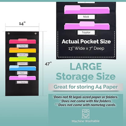 Hippo Creation Heavy Duty Storage Pocket Chart for Classroom, 5 Pocket Storage Organizer with 2 Over-Door Hangers, Hanging Wall Organizer for File Folders, School Mailbox, Home Office Papers - Black