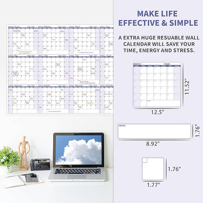 Large Dry Erase Calendar – Yearly Wall Calendar Dry Erase, 57.9" x 37", 12-Month Undated Calendar, Reusable Laminated with 15 Stickers - Purple