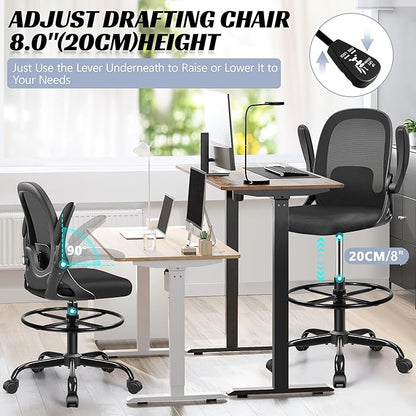 Drafting Chair, Tall Office Chair Ergonomic Standing Desk Chair,with Adjustable Footrest Ring, 3D Lumbar Support, Flip-up Armrests, Swivel Desk Stool for Drawing Working (Black)
