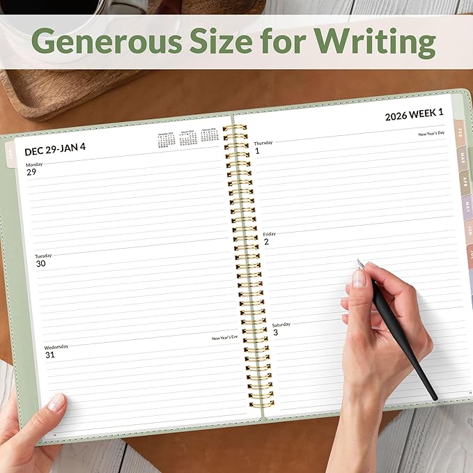 SUNEE 2026 Weekly & Monthly Planner 9"x11.2"- 12 Month (January 2026 - December 2026), Vegan Leather Cover, Pocket, Bookmark, Notes, Monthly Tab, Sage Green