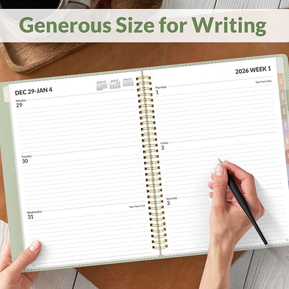 SUNEE 2026 Weekly & Monthly Planner 9"x11.2"- 12 Month (January 2026 - December 2026), Vegan Leather Cover, Pocket, Bookmark, Notes, Monthly Tab, Sage Green