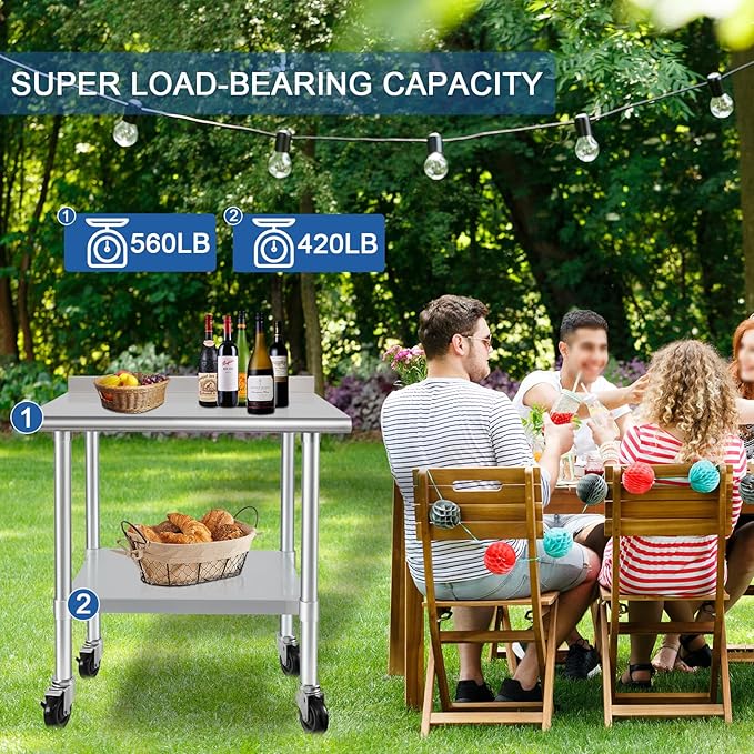 HARDURA Stainless Steel Table 30 x 36 Inches with Wheels Casters NSF Heavy Duty Commercial Prep Table with 2” Backsplash and Adjustable Undershelf for Restaurant Kitchen Home and Hotel