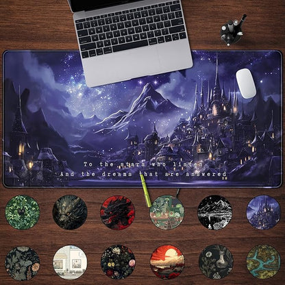 Night Purple Desk Mat Dark Academia Anime Computer Desk Keyboard Mat, 31.5 X 15.8 in Office Decor for Women Castle Aesthetics Mouse Pad XXL for Desktop Laptop Computer Mouse Gaming Pad