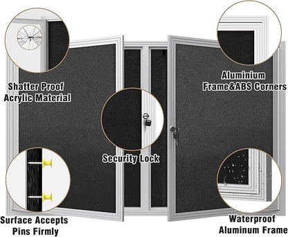 48"x30" Enclosed Bulletin Board, Outdoor Lockable Weather-Resistant Aluminum Cork Noticeboard for School & Office, Silver Frame w/Black Flet