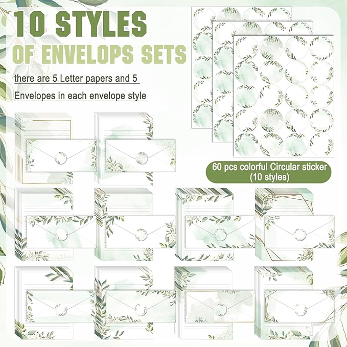 TaoBary 160 Packs Stationery Paper Set (50 Double Sided Stationery Writing Papers 50 Matching Envelopes) 60 Round Dot Sticker, 10 Design (8.5 x 11 Inch,Green Leaves)