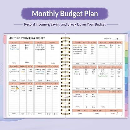 SUNEE Budget Planner - Monthly Budget Book with Expense Tracker Notebook, Undated 12 Month Bill Organizer & Finance Planner to Manage Your Money, A5(6.4" x 8.3") Account Book with Colorful Tab, Purple