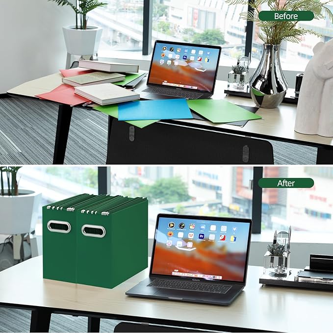 Oterri File Organizer, Small Storage Box, Cardboard File Folder Organizer, Collapsible File Box, Hanging File Organizer for Letter Size, Portable File Box with Handle, Only Box (Dark Green,6 Packs)