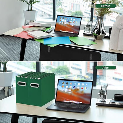 Oterri File Organizer, Small Storage Box, Cardboard File Folder Organizer, Collapsible File Box, Hanging File Organizer for Letter Size, Portable File Box with Handle, Only Box (Dark Green,4 Packs)