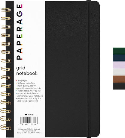 PAPERAGE Graph Paper Spiral Notebook & Journal, (Black), 160 Pages, Medium 5.5 inches x 8 inches - 100 GSM Thick Graphing Paper, Hardcover, Double-Wire Grid Spiral Notebook