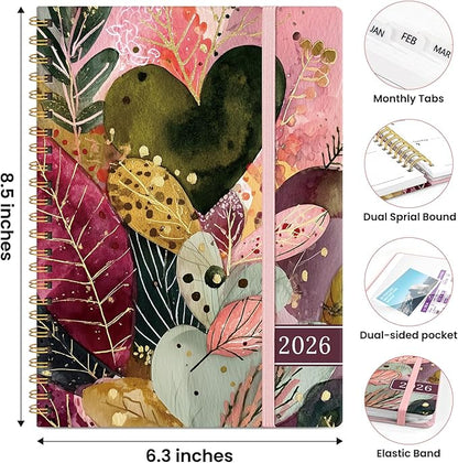 2026 Planner, Weekly and Monthly Planner for Women, January 2026 to December 2026, Pretty Hardcover 2026 Calendar Planner Book with Tabs, Inner Pocket, Spiral Bound, Perfect Office Home School Supplies - 6.3" x 8.5", Heartleaf Garden