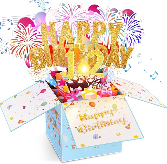 Tnvee 12TH Birthday Cards with Lights Music, 3D Pop Up Singing Happy Birthday Greeting Cards Gifts Ideal for 12 Year Old Kids Boy Girl