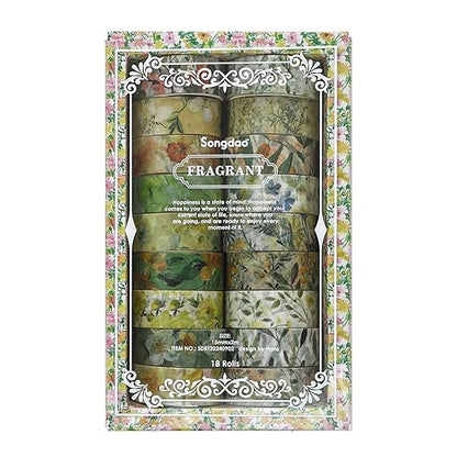 18 Rolls Blossom Washi Tape Set Floral Arts Adhesive Tapes Flowers Garden Decorative Masking Tape Sets for Craft, Kids, Scrapbook, DIY, Gift Wrapping (Golden Harvest)