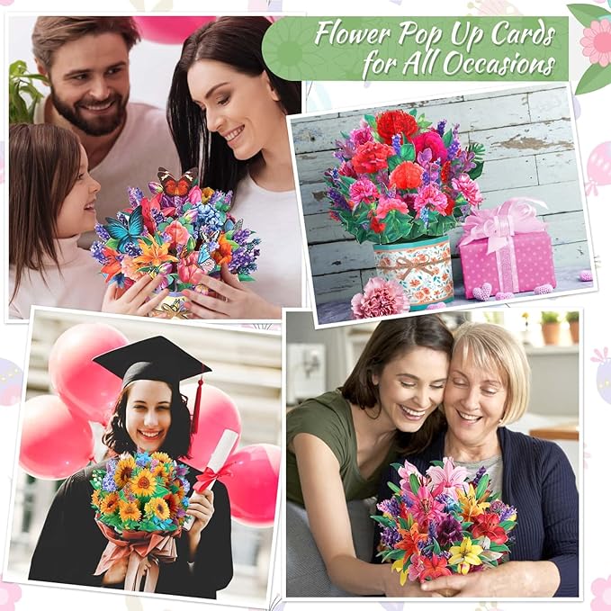 6 Pack Paper Flower Pop Up Cards, Flower Bouquet Card Popup 3D Greeting Cards for Mother's Day, Graduation, Anniversary, Birthday, Congratulations, Get Well, Home Decor, with Envelope and Note