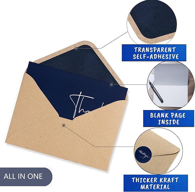 100 Bulk Navy Thank You Cards with Kraft Envelopes and stickers - 4 Minimalistic Designs Blank Thank You Notes with Envelopes Matt for business Wedding Bridal Gift Baby Shower Business Graduation