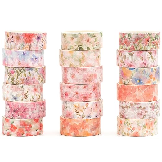 18 Rolls Blossom Washi Tape Set Floral Arts Adhesive Tapes Flowers Garden Decorative Masking Tape Sets for Craft, Kids, Scrapbook, DIY, Gift Wrapping (Blossom Festival)