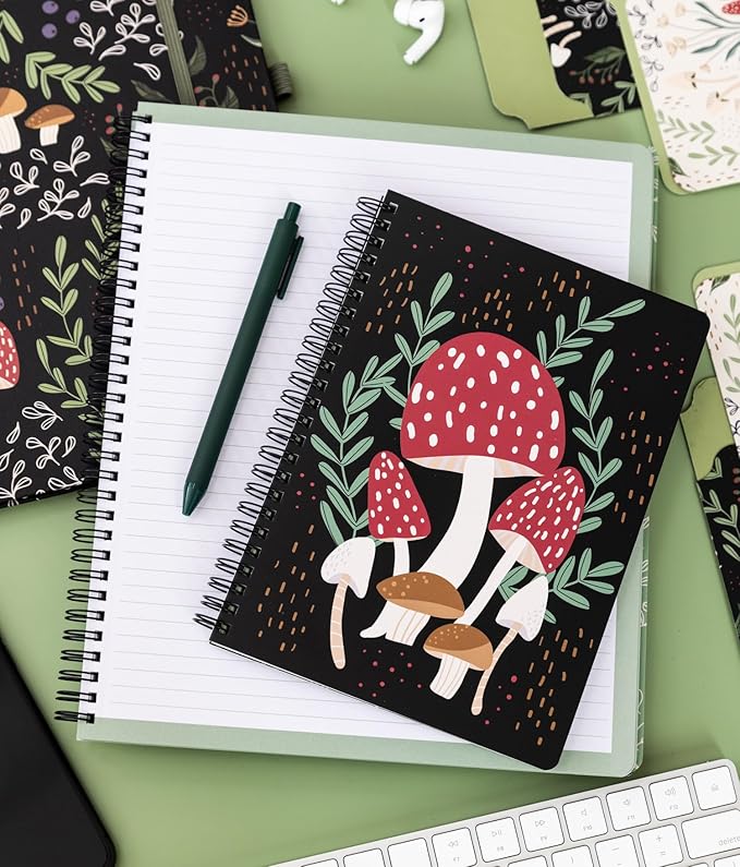 Steel Mill & Co Cute Mini Spiral Notebook, 8.25" x 6.25" Journal with Durable Hardcover and 160 Lined Pages, Mushroom
