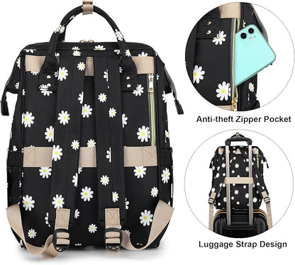 Flowers Laptop Backpack College School Backpack Bookbags Nurse Backpacks Travel Bags Casual Daypacks for Women Girls Fits 15.6 Inch Notebook (Black)