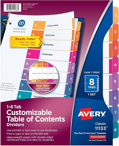 Avery 8 Tab Dividers for 3 Ring Binders, Customizable Table of Contents, Multicolor Tabs, 1 Set (11133)