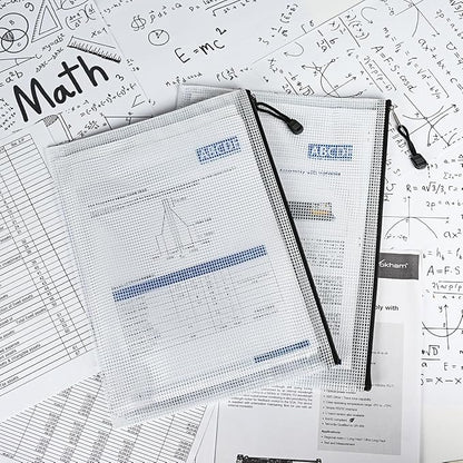 AUSTARK 10 Pcs Zipper File Bags, Waterproof Plastic Mesh Pouch for Office School, Board Game Storage Bags (A4 Size 13.4''x9.4'', White and Black)