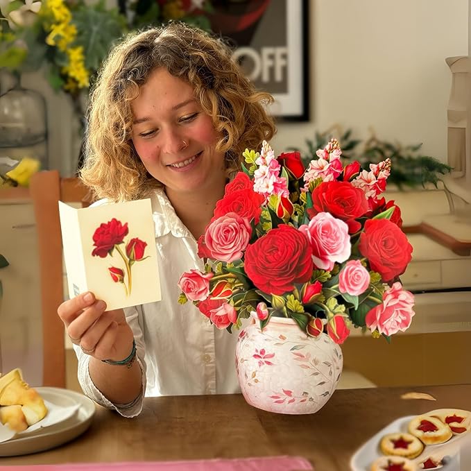 Freshcut Paper Pop Up Cards, Blooming Roses, 12 Inch Life Sized Forever Flower Bouquet 3D Popup Greeting Cards, Valentine's Day, Anniversary Card, Blank Notecard & Envelope
