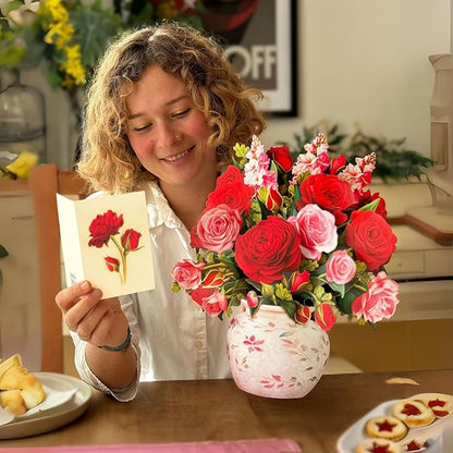 Freshcut Paper Pop Up Cards, Blooming Roses, 12 Inch Life Sized Forever Flower Bouquet 3D Popup Greeting Cards, Valentine's Day, Anniversary Card, Blank Notecard & Envelope