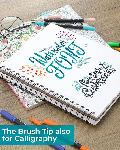 Ohuhu Markers for Adult Coloring Books: 100 Colors Brush Pens Dual Brush Fine Tip Drawing Pens Water-Based Coloring Markers for Calligraphy Bullet Journal with Carrying Case - Maui - Black