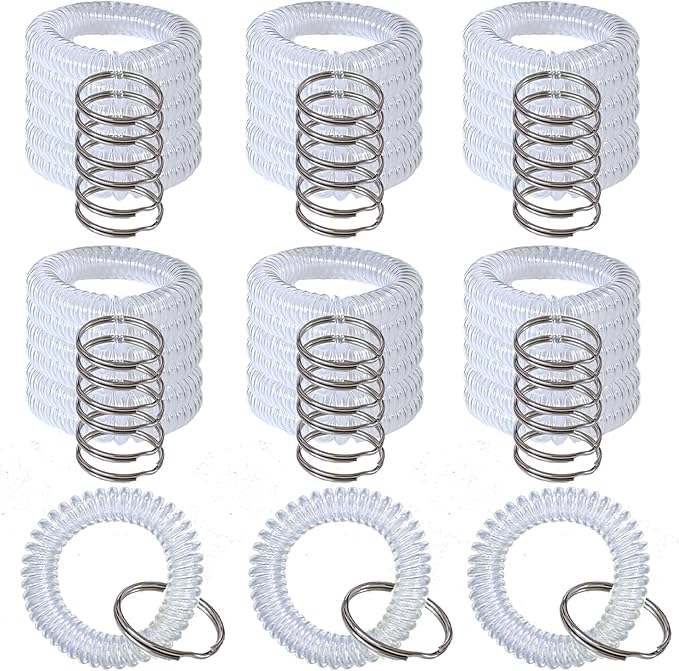 Pack of 36 Colorful Spring Spiral Wrist Coil Key Chain, Wristband Key Ring (White)