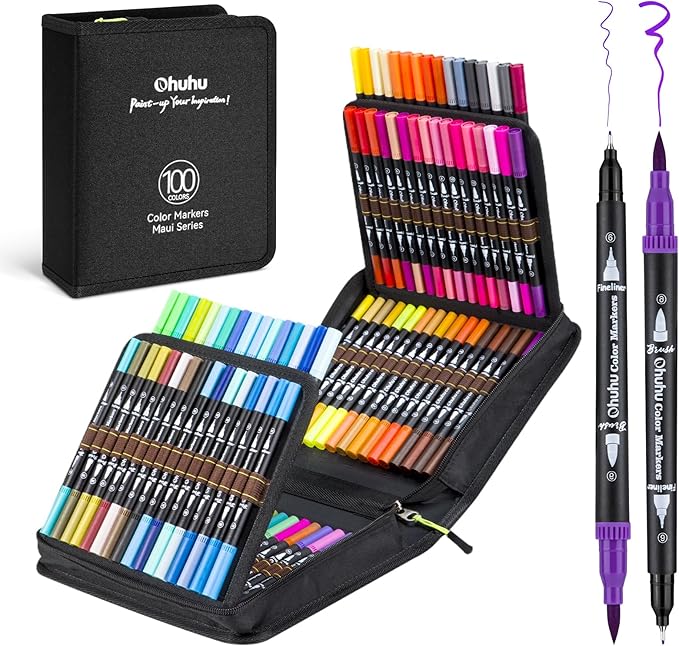 Ohuhu Markers for Adult Coloring Books: 100 Colors Brush Pens Dual Brush Fine Tip Drawing Pens Water-Based Coloring Markers for Calligraphy Bullet Journal with Carrying Case - Maui - Black