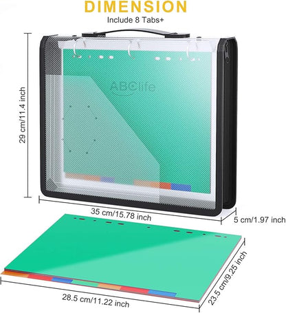 ABC life Zipper Binder with 8 Insertable Plastic Dividers, Document Folder 3 Ring Binder,Retractable Handle, Perfect for School,Project Organization, Holds 300 A4/Letter Size Papers,Black Transparent