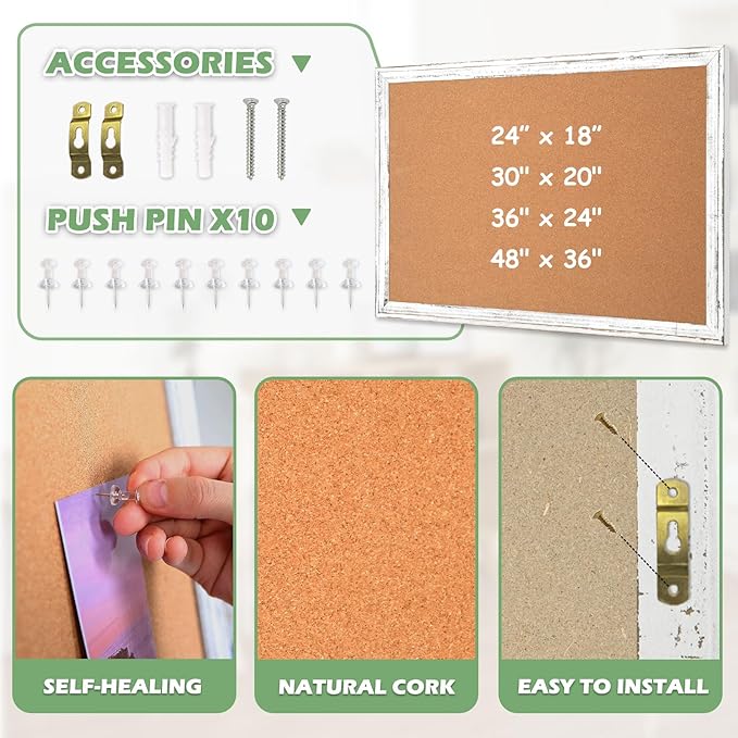 DOLLAR BOSS White Cork Board - 30 X 20 Inches, Rustic Wooden Frame, Decorative Hanging Pin Board for Office & Home Decor