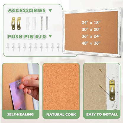 DOLLAR BOSS White Cork Board - 36 X 24 Inches, Rustic Wooden Frame, Decorative Vintage Hanging Pin Board for Office & Home Decor