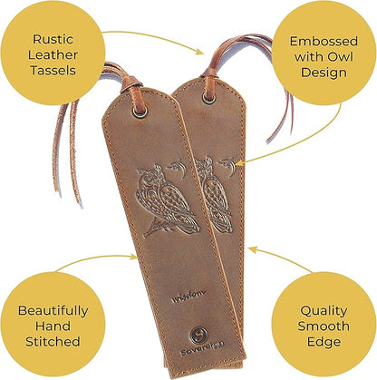 Leather Bookmarks for Men and Women | Quality Mens Bookmark with Wise Owl | 2 Smooth Handmade Leather Book Markers for Men Women Book Lovers Readers (7x2) Leather Gift | Sovereign-Gear