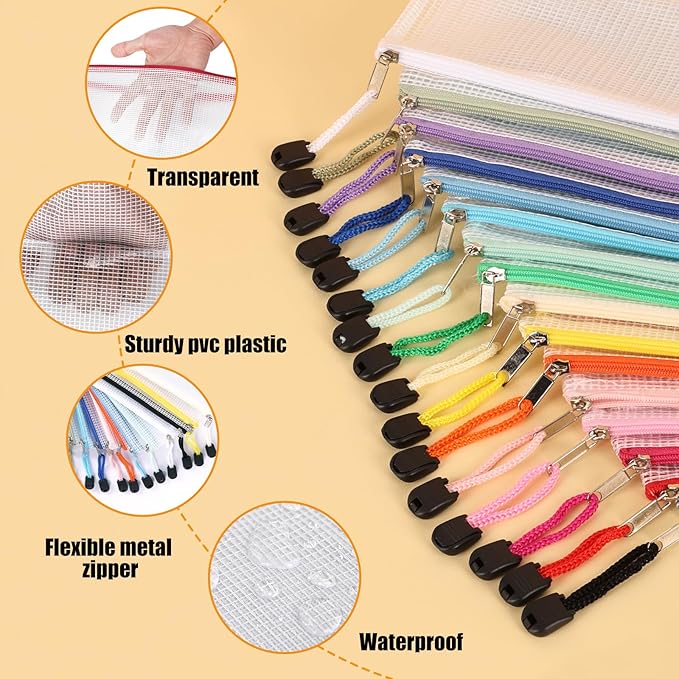 EOOUT 32pcs 8 Sizes Mesh Zipper Pouch, Waterproof Mesh Bags with Zipper, 16 Colors Travel Pouches, for Board Games Toys Storage, Travel Accessories, Documents Cosmetics School Office Supplies