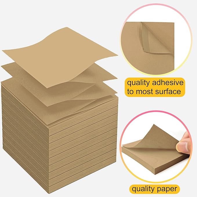 Beieverluck 48 Pack Pop Up Sticky Notes 3X3 Inch Colorful Post Stickies Self Sticky Note Pads for Office, Home, School, Meeting, 80 Sheets/pad, (Kraft)