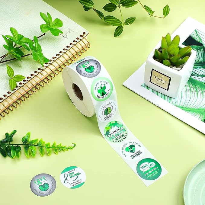1000 Pieces Mental Health Awareness Stickers Small Green Ribbon Awareness Stickers Mental Health Gifts for Adult Women Men Teens Kids Fundraiser Event Mental Health Handout Supplies, 8 Styles