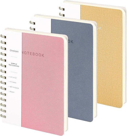 Spiral Notebook - Lined 160 Pages Journal with Back Pockets for College Journal, Twin-Wire Binding Notebook Perfect for Office & Home School Supplies, 3 Pack Set