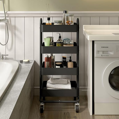 4-Tier Black Rolling Cart,Metal Rolling Utility Cart with Handle,Multifunction Rolling Carts with Wheels,Kitchen Storage Carts Suitable for Office,Home,Kitchen,Garden（13.4"x18.1"x40"） Black