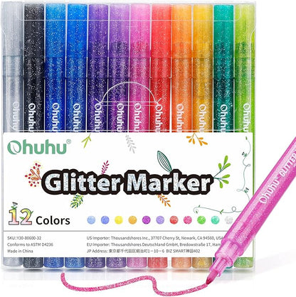 Ohuhu Glitter Markers Pen 12 Glitter Colors Metallic Shimmer Marker Fine Point Tip Water-based Ink for Kids Adults DIY Crafts Greeting Birthday Cards Making Poster Album Scrapbooking Mugs Wood