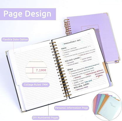 Hardcover Spiral Notebook with Tabs 8"x10" Large Spiral Lined Journals for Women with Dividers 240 Pages College Ruled Composition Notebook 5 Subject Notebook for Work, Back to School, Gifts, Purple