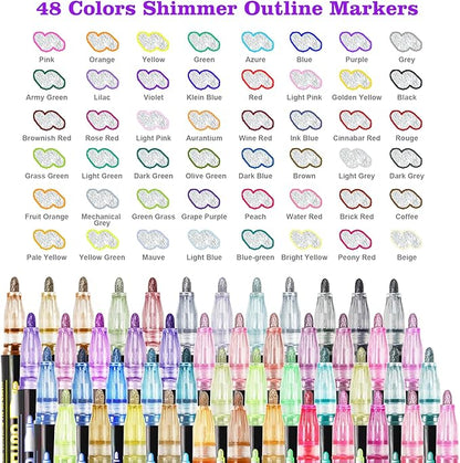 Muchcute Shimmer Markers Outline Glitter Pens: 48 Stocking Stuffers Tween Teen Girl Gifts Trendy Stuff Cute Things Arts Crafts Art Supplies Kids Ages 4 5 6 7 8 9 10 12 14 16 18 Year Old Present Ideas