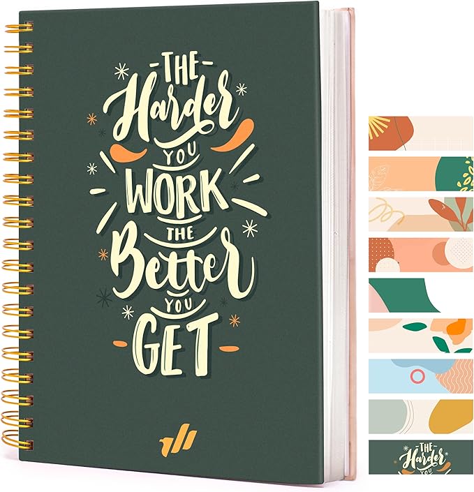 Spiral Notebook - 10.25" x 7.25" Spiral Journal Notebooks College Rule, Cute Notebook Journal for Note Taking Women Writing School, Notebooks for Work, 100 GSM, 300 Pages (Work Hard)