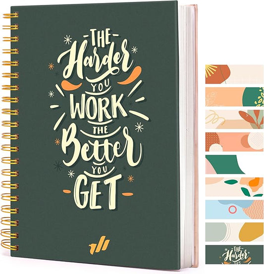 Spiral Notebook - 10.25" x 7.25" Spiral Journal Notebooks College Rule, Cute Notebook Journal for Note Taking Women Writing School, Notebooks for Work, 100 GSM, 300 Pages (Work Hard)