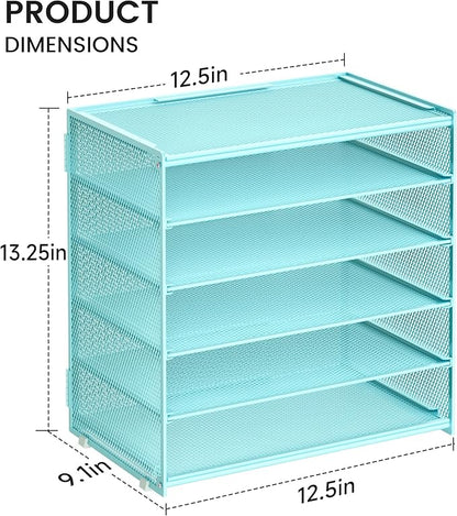 6 Tier Paper Organizer, Metal Mesh Desk File Organizer, Letter Tray Organizer, Paper Sorter Desk Organizer for Office, Home or School File Folder Holder - Blue