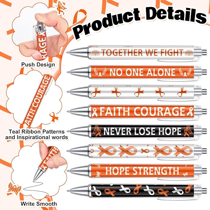 48 Pcs Orange Awareness Ribbon Pens Cancer Awareness Ballpoint Pens Bulk Faith Courage Hope Strength Health Awareness Favor Gifts for Leukemia Lymphoma Cerebral Cancer Awareness Support