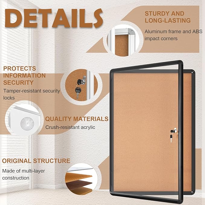 Magula 36"x24" Enclosed Cork Bulletin Board Tamper-Proof Dispaly Case, Black Aluminium Frame, Shatter Resistant Lockable Bulletin Board, Enclosed Cork Board for School, Office,Commercial,Hospital etc