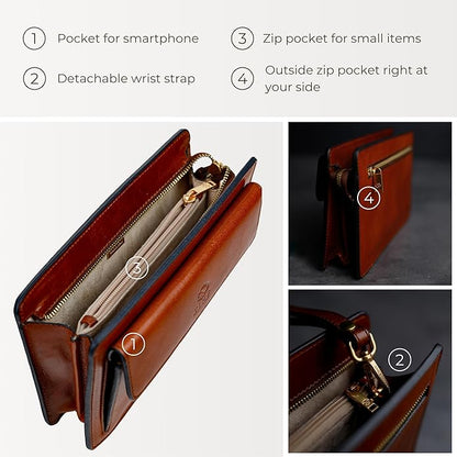Time Resistance Leather Clutch for Men Organizer Wrist Bag Briefcase Handmade in Italy Gift Box Included