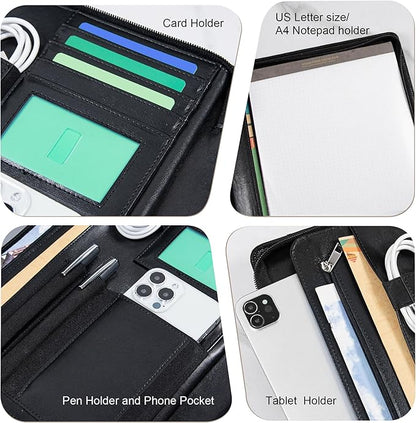 Calfinder portfolio binder,Padfolio for men, leather binder, vegan leather portfolio organizer, Personalized Gift for Professionals, Business Resume portfolio notebook,Black