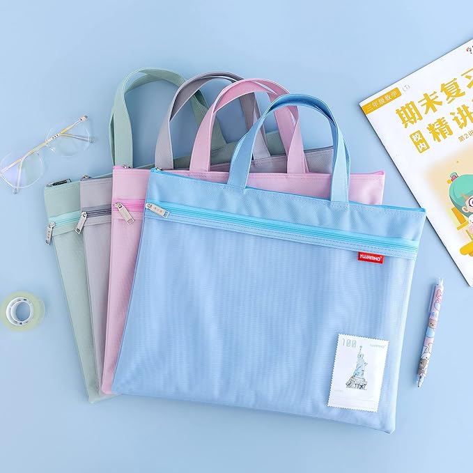 pendancy Mesh Zipper Pouch 11x13.7 in, 2 pcs Large Double Pocket Waterproof File Bag with Handle, A4 Size Foldable Document Storage for Puzzle Project/Cross Stitch/Travel/Office（Blue Pink）