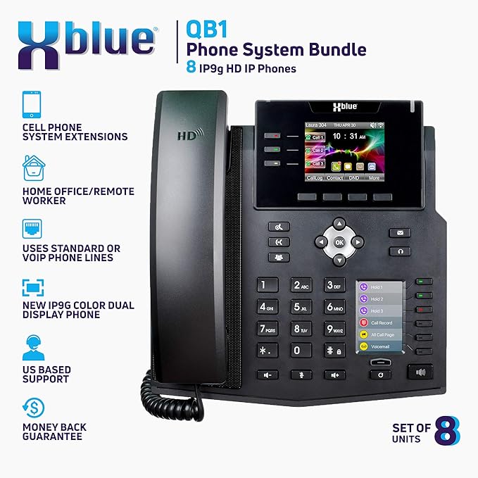 Xblue QB System Bundle with 8 IP9g IP Phones Including Auto Attendant, Voicemail, Cell & Remote Phone Extensions & Call Recording, Black, (QB1008)