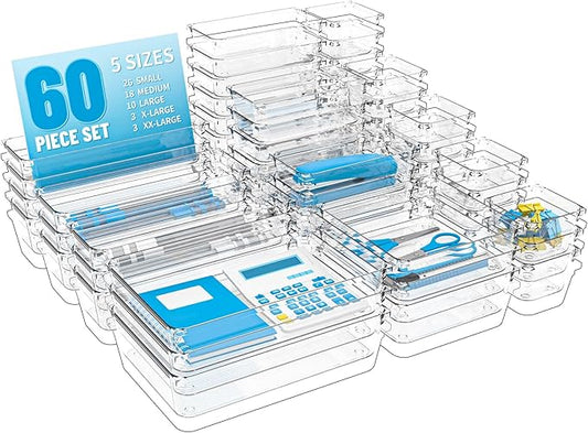 60 Pcs Clear Plastic Drawer Organizer Set,5 Size Small Storage Containers for Organizing Jewelry,Utensil,Junk,Tea,Makeup,Shallow Drawer Organizers Tray Suitable for Office,Desk,Bathroom,Vanity,Kitchen